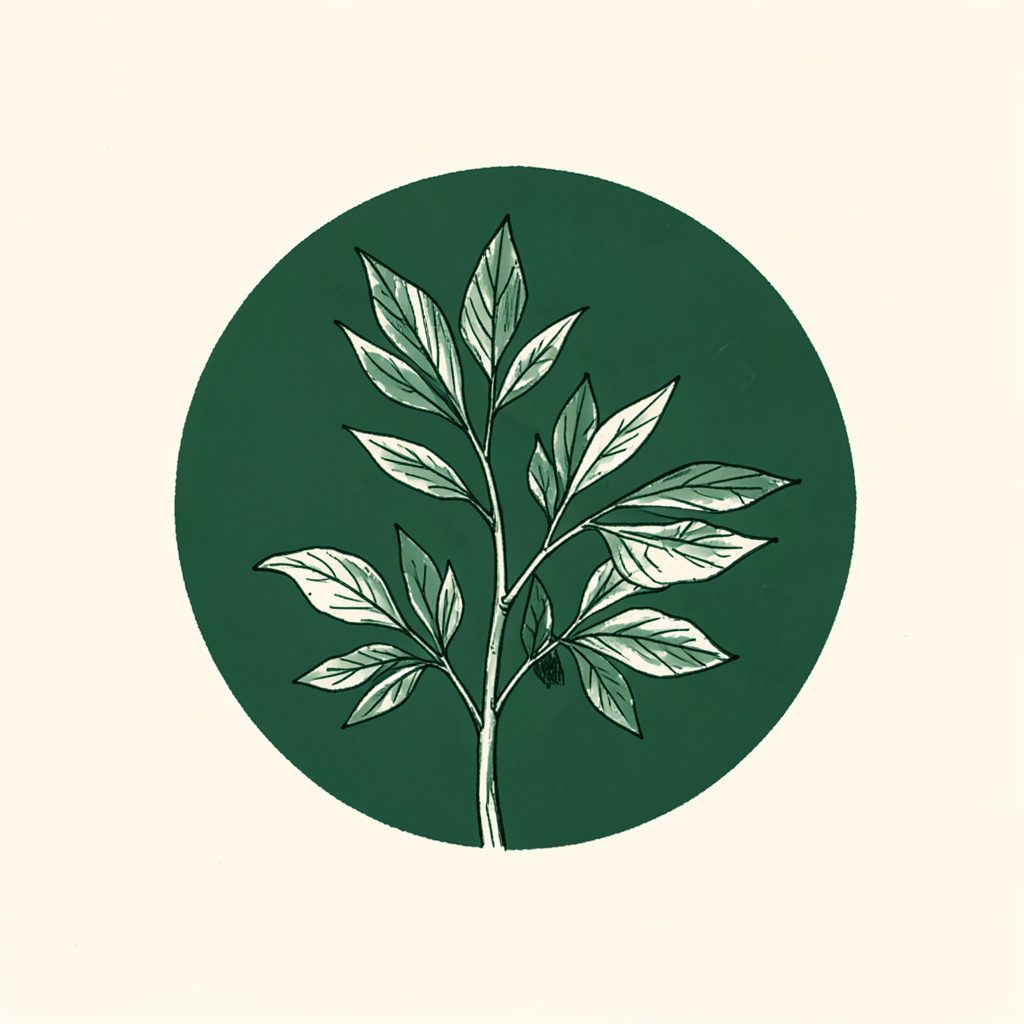 A hand-drawn ink illustration of a circular botanical sketch in deep green ink on a cream background, orderly and calm