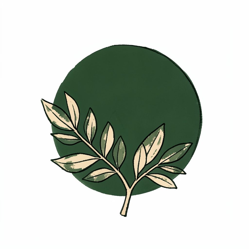 A hand-drawn ink illustration of a round leafy branch motif in deep green and warm cream tones, calm and simple